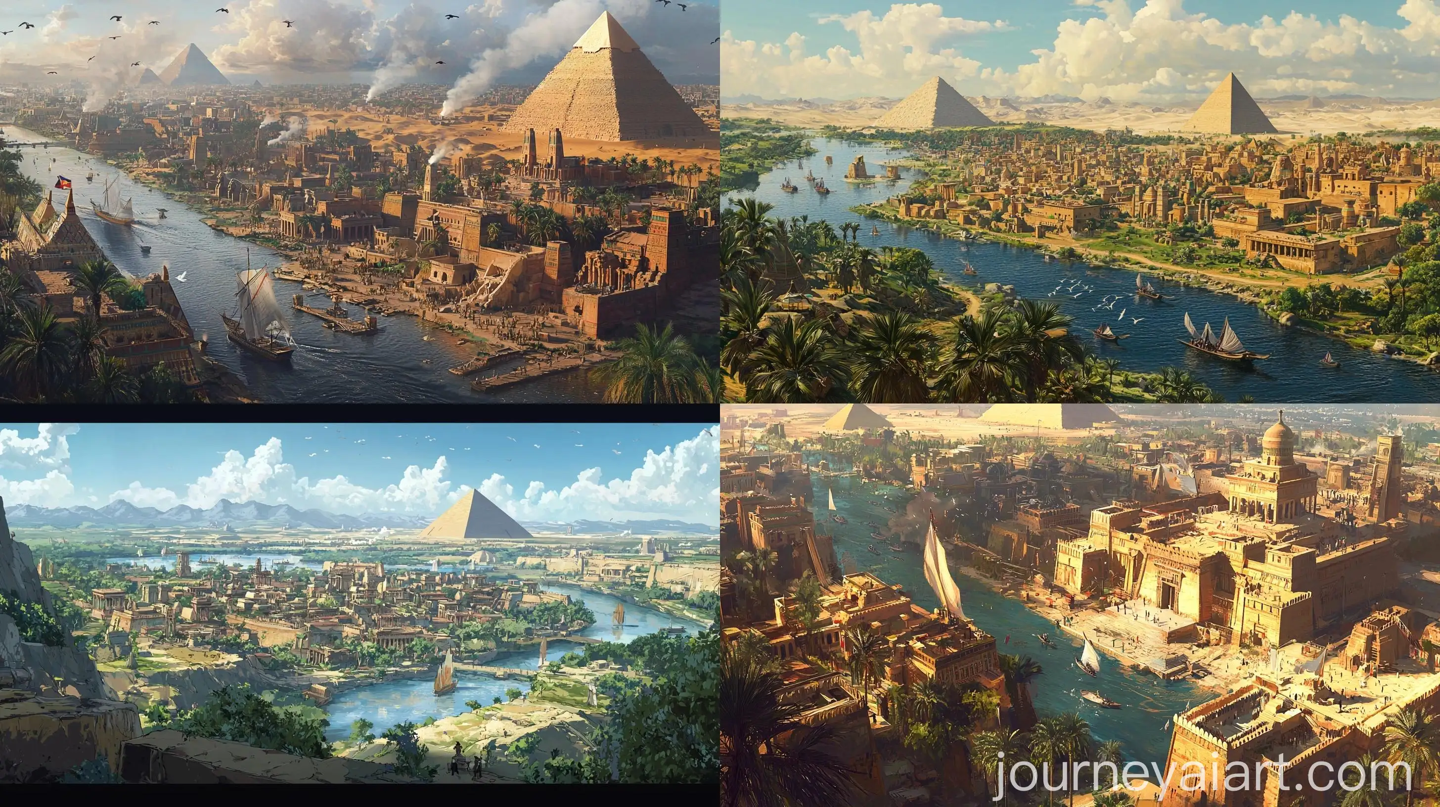 Ancient-Egypt-Village-with-Giza-Pyramid-and-Doves-Inspired-Anime-Art