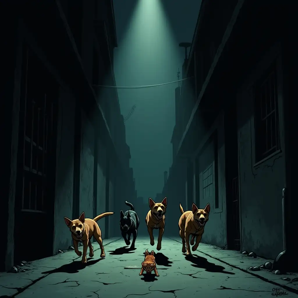 Sin-City-Comic-Style-Scene-of-Cat-Escaping-Dogs-in-Dark-Alley