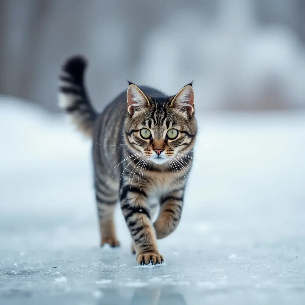 Cat walking on ice