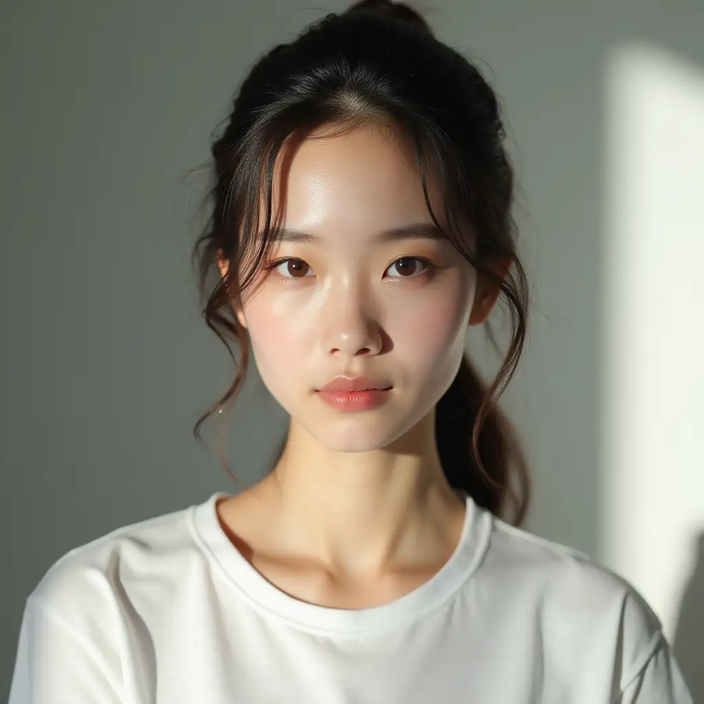 A sophisticated, elegant portrait of a young Korean models with refined facial features, timeless beauty,  dressed in a white t shirt and casual makeup, captured in soft, diffused natural light, ultra-realistic, high-resolution