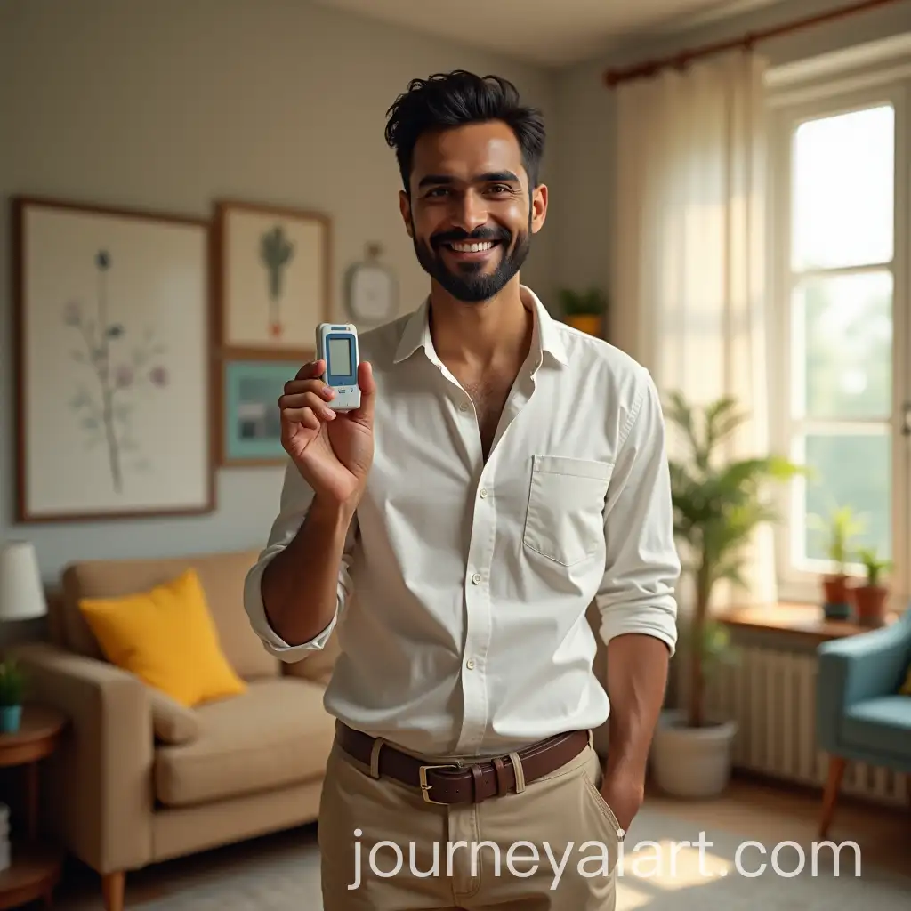Cheerful-Indian-Man-Holding-Glucometer-in-Sunlit-Living-Room