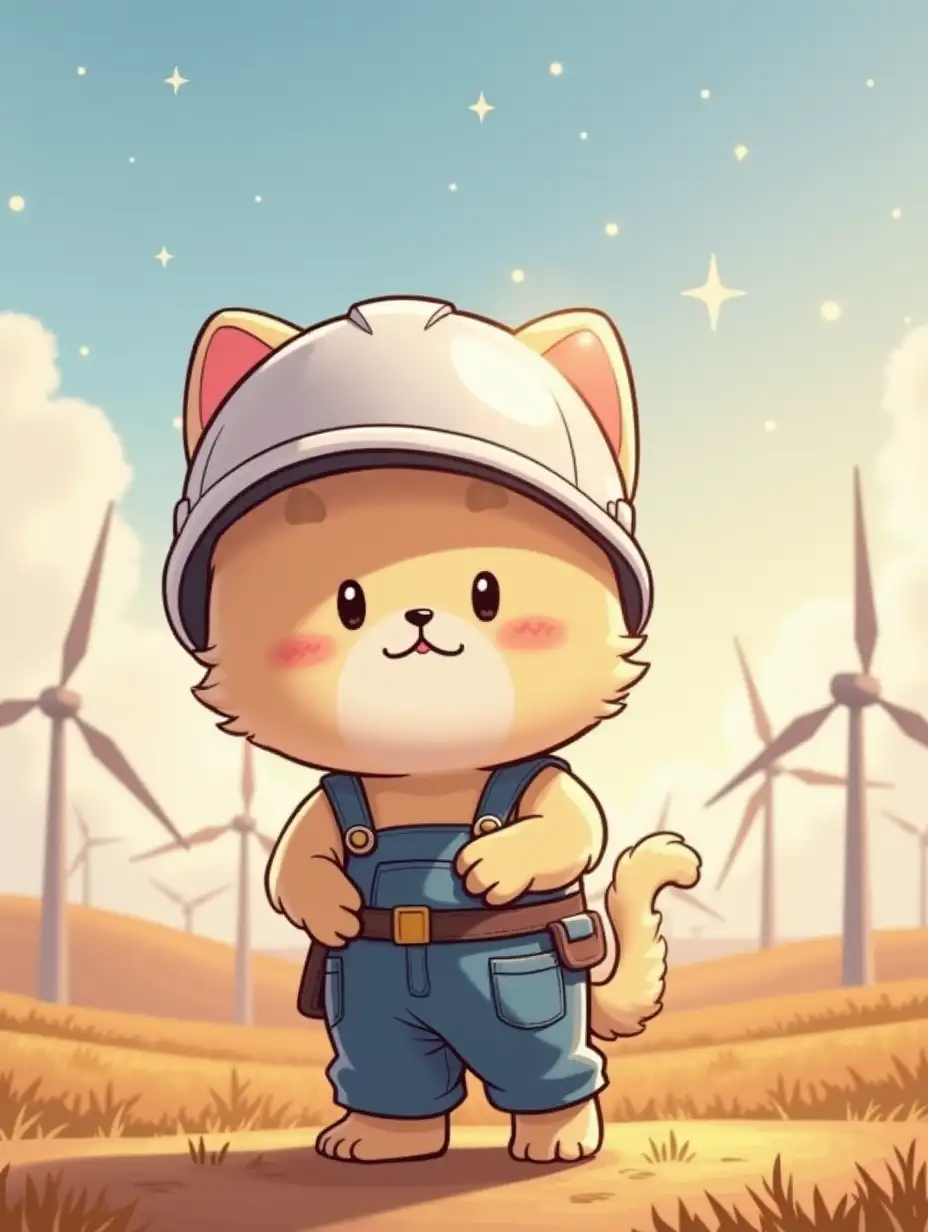 kawaii positive little fluffy anime style fluffy a light beige cat installer in a white helmet and overalls with a safety belt. Fields with wind farms in the background with atmosphere of magical glow, paint in cartoon anime style