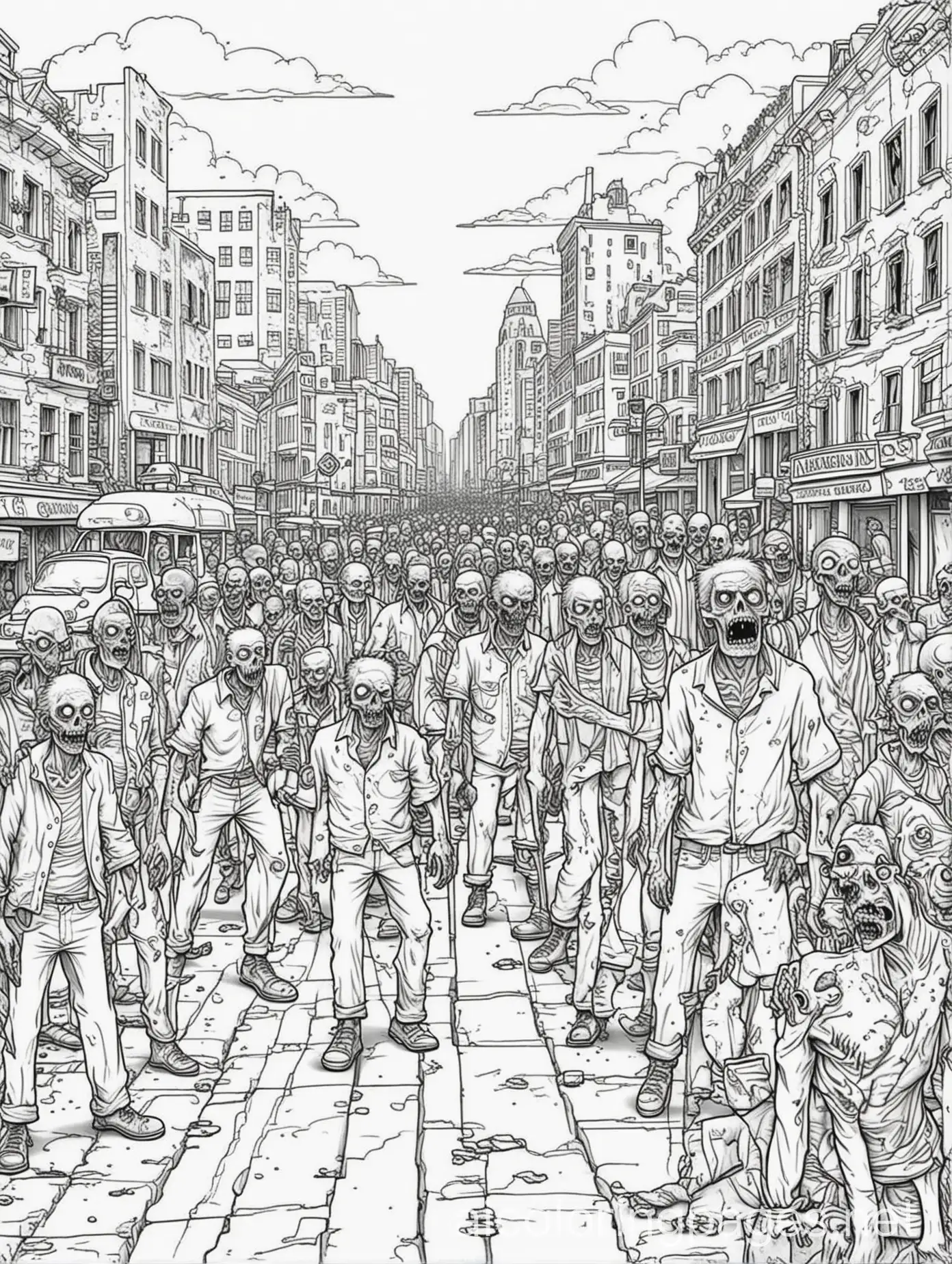 Zombies in city, Coloring Page, black and white, line art, white background, Simplicity, Ample White Space. The background of the coloring page is plain white to make it easy for young children to color within the lines. The outlines of all the subjects are easy to distinguish, making it simple for kids to color without too much difficulty