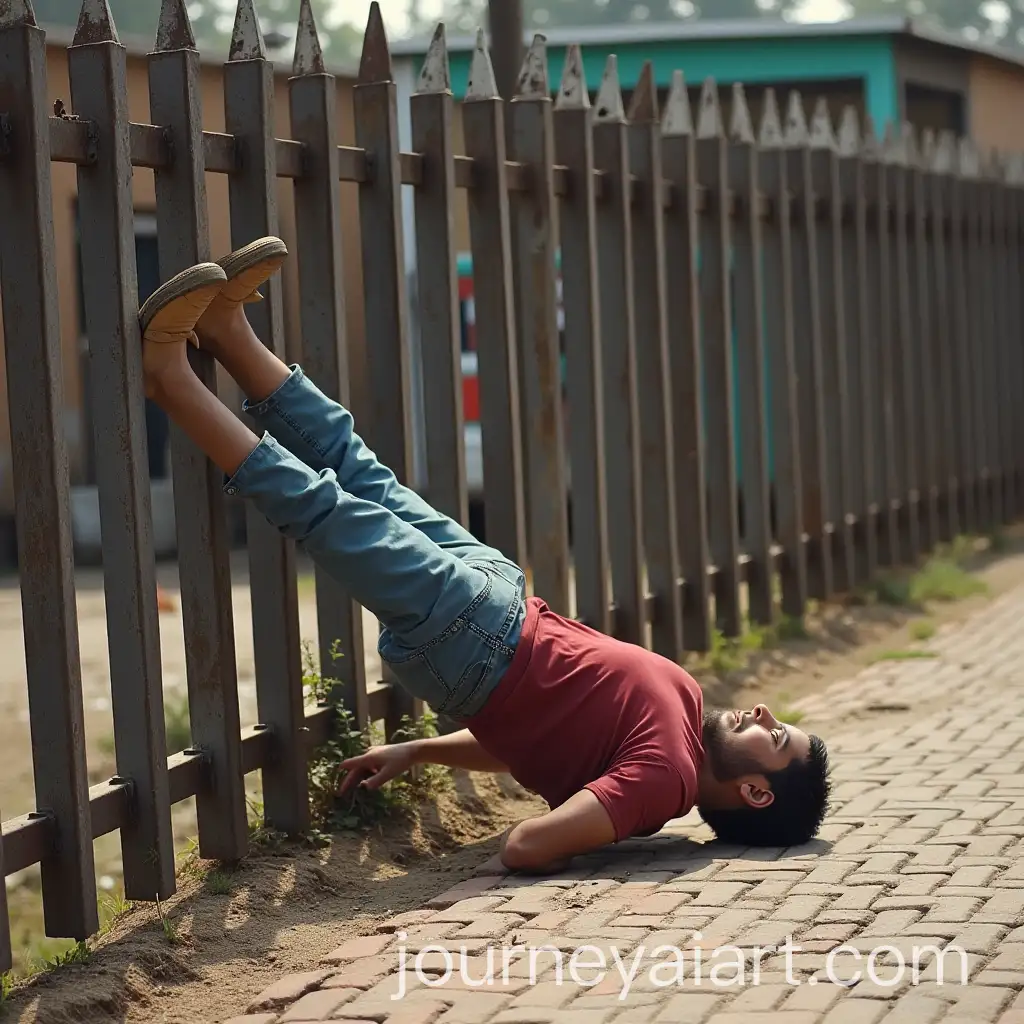 Person-Falling-onto-Brick-Surface-While-Climbing-Over-Metal-FenceAI-Image-Prompt-Expansion-in-Industrial-Yard