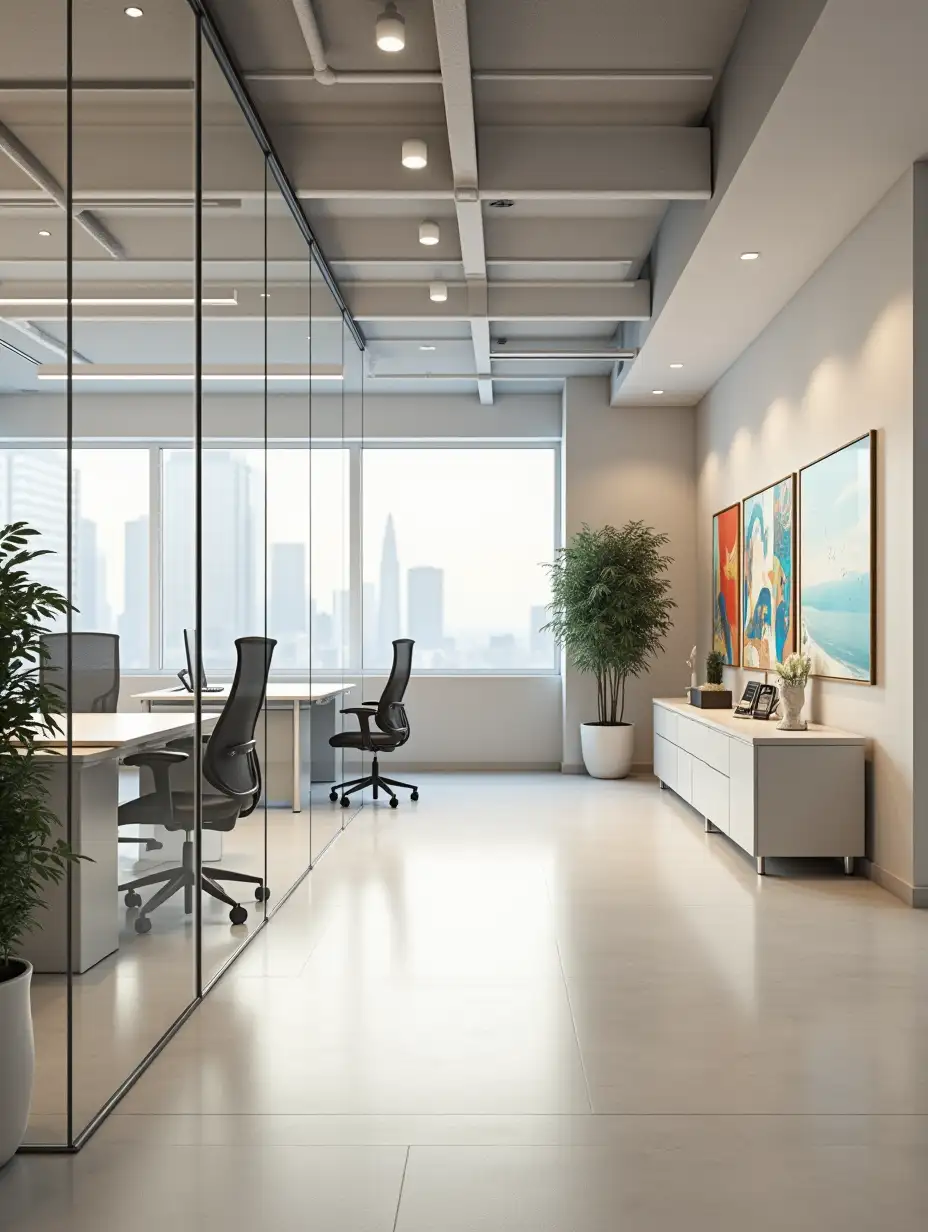 Candid shot, office space, minimalist, ergonomic, glass walls, sleek lines, neutral color scheme with vibrant art pieces, studio light --ar 9:16 --stylize 90 --v 6