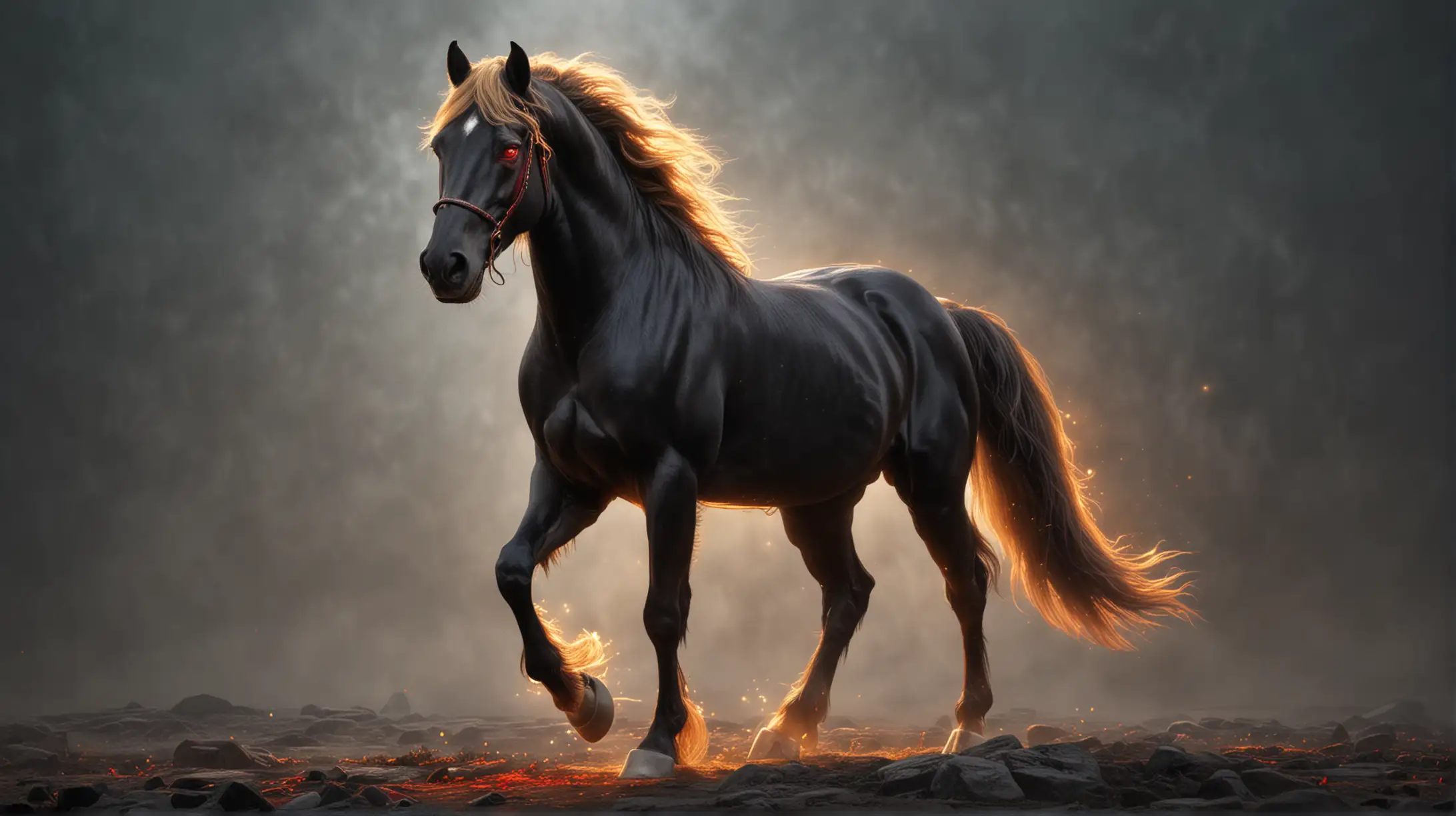 Majestic Black Horse with Glowing Red Eyes and Golden Mane