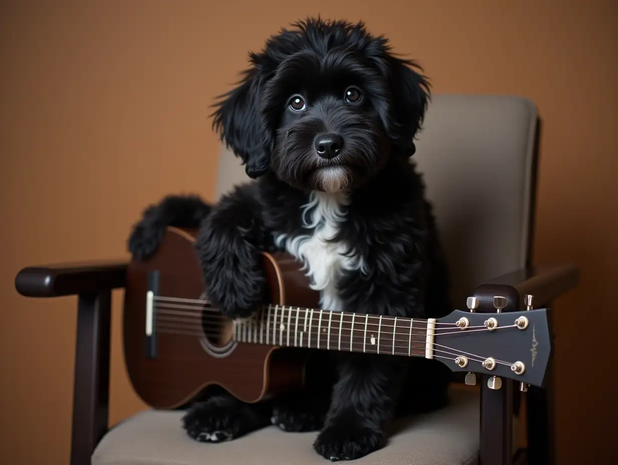 A black cockapoo dog with a white chest, sitting on a chair playing a guitar