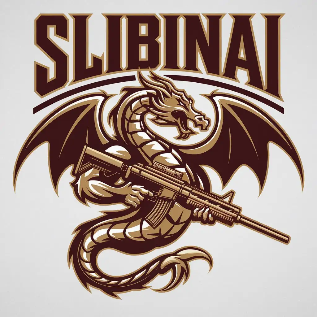 LOGO Design for SLIBINAI Stylized Dragon with Wings and Long Automatic Gun on Clear Background