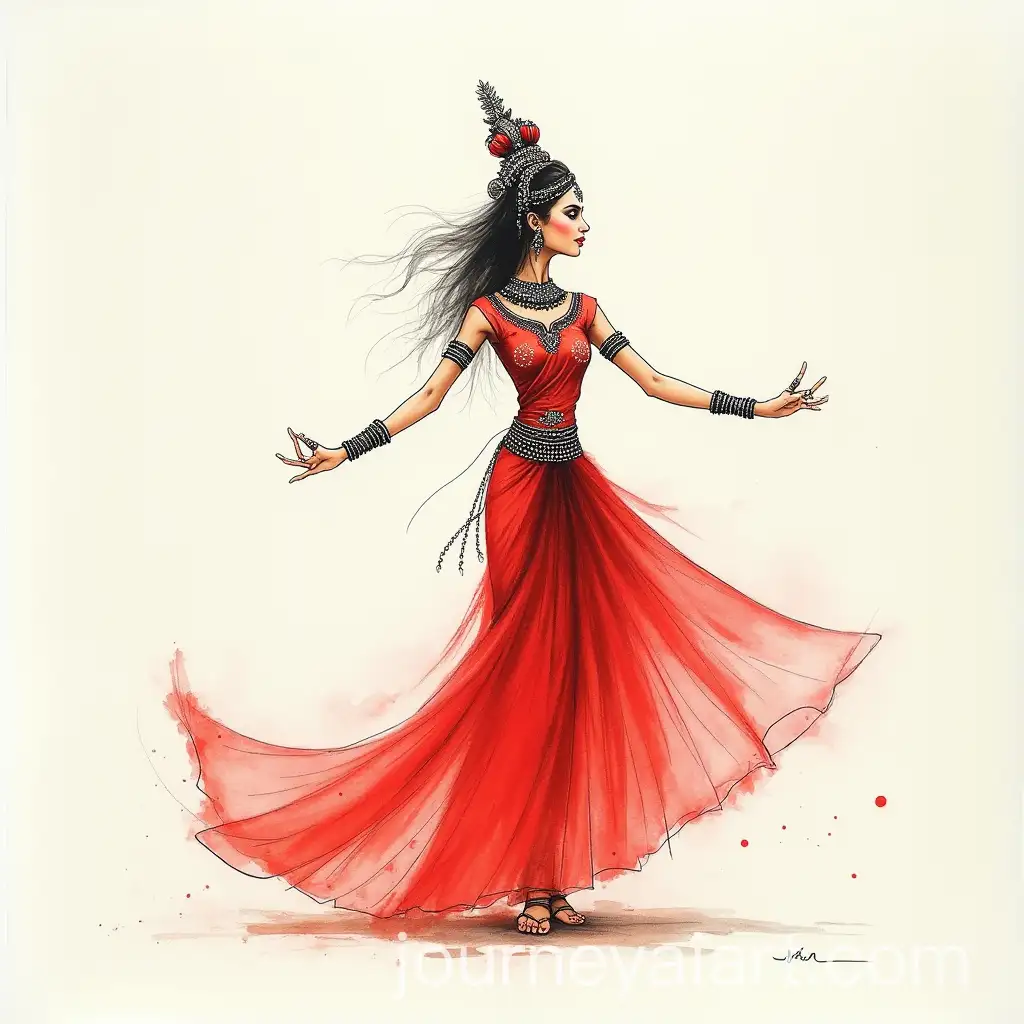 Indian-Dancer-in-Red-Dress-Performing-in-a-Magnificent-Temple-with-Bejeweled-Headdress