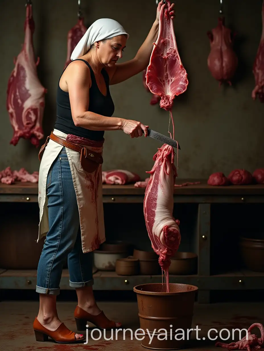 Aged-FemaleAI-Image-Prompt-Expansion-Butcher-Carving-Pork-in-BloodStained-Butcher-Shop