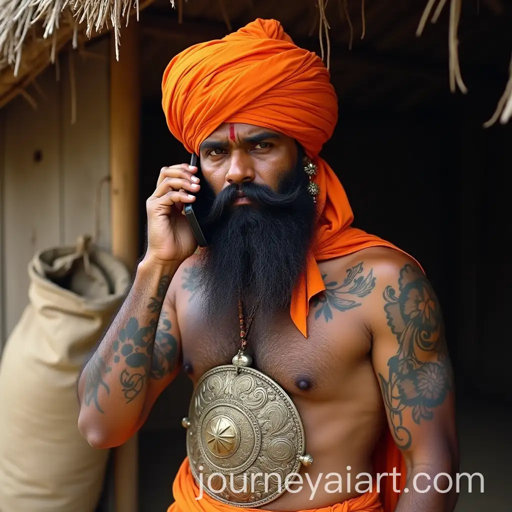 Traditional-Indian-Man-in-Warrior-Attire-with-Mobile-Phone