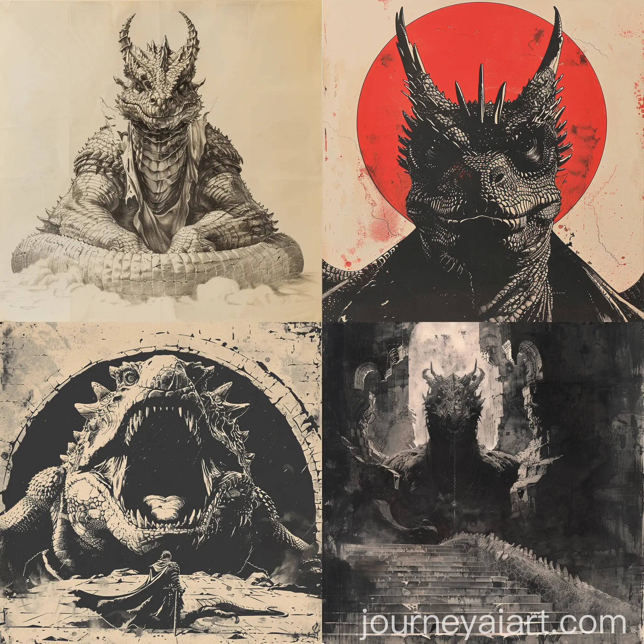 1970s-Dark-Fantasy-Book-Cover-Paper-Art-Dungeons-and-Dragons-Style-Drawing-of-a-King-Reptile-Overlord-in-Minimalist-Far-Perspective