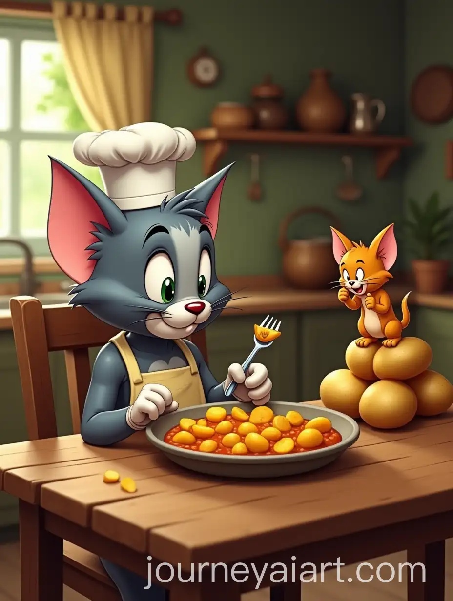 Tom-the-Cat-and-Jerry-Enjoying-Spiced-Potato-Curry-in-a-VegetableThemed-Kitchen