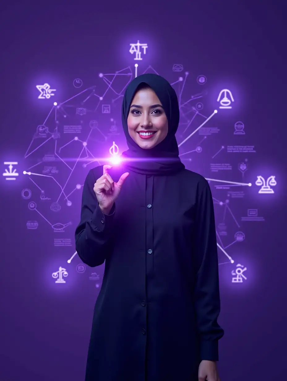 A confident female with hejab or male lawyer standing in front of a digital interface glowing in purple tones, with holographic legal symbols and website elements floating around. Elegant, modern, and professional vibe. Vekalink logo subtly present. Resolution around 2000x1333.