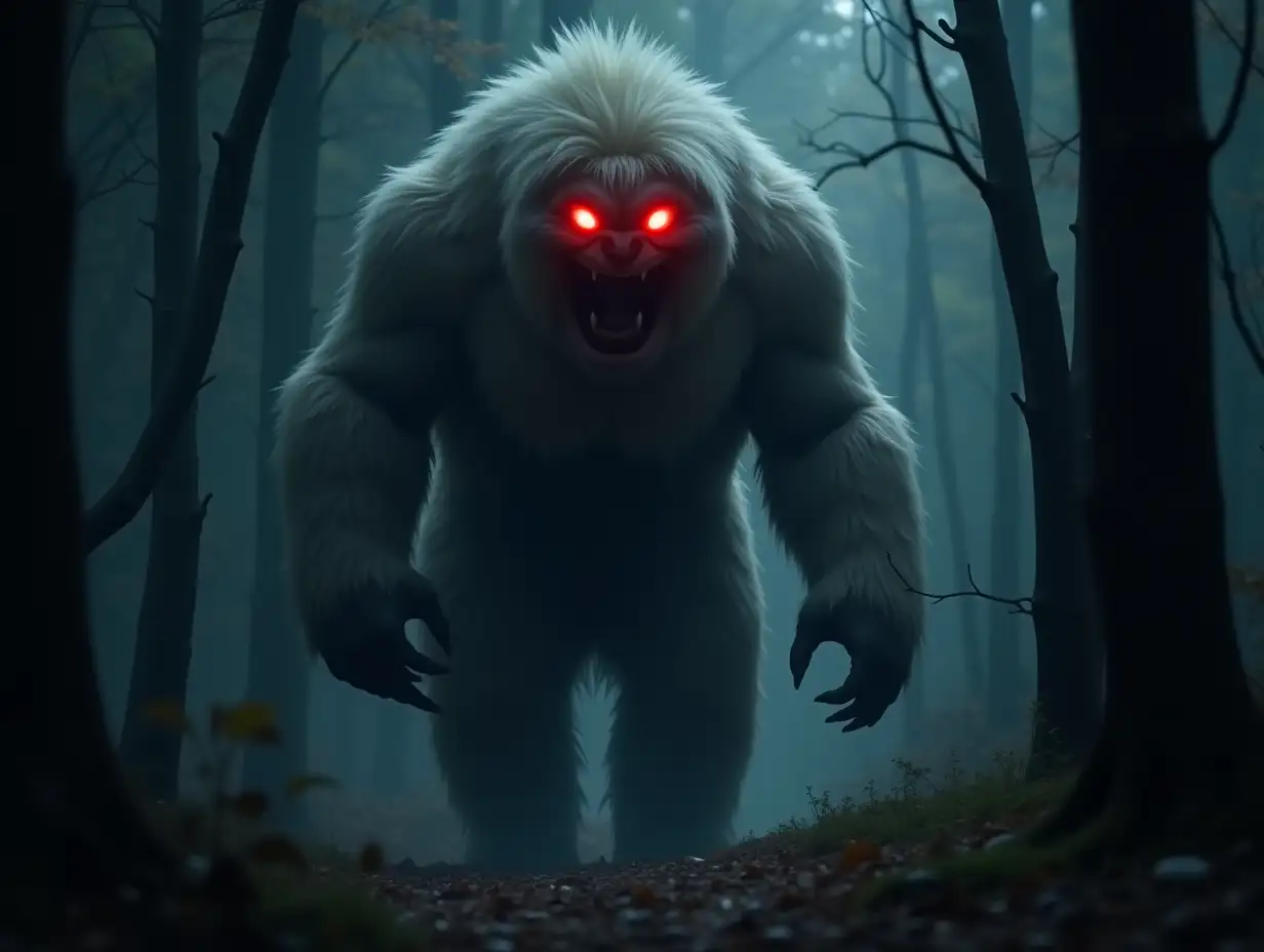 in a forest at night, there is a bulky monster with a red-eyed head and woolly body, walking to attack. real photo, clear picture