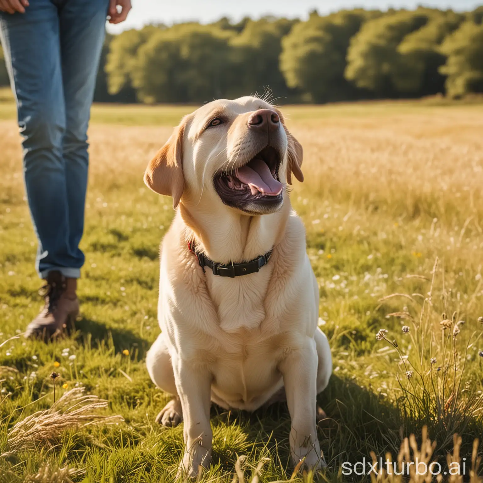 a happy labrador in a sunny field with its owner