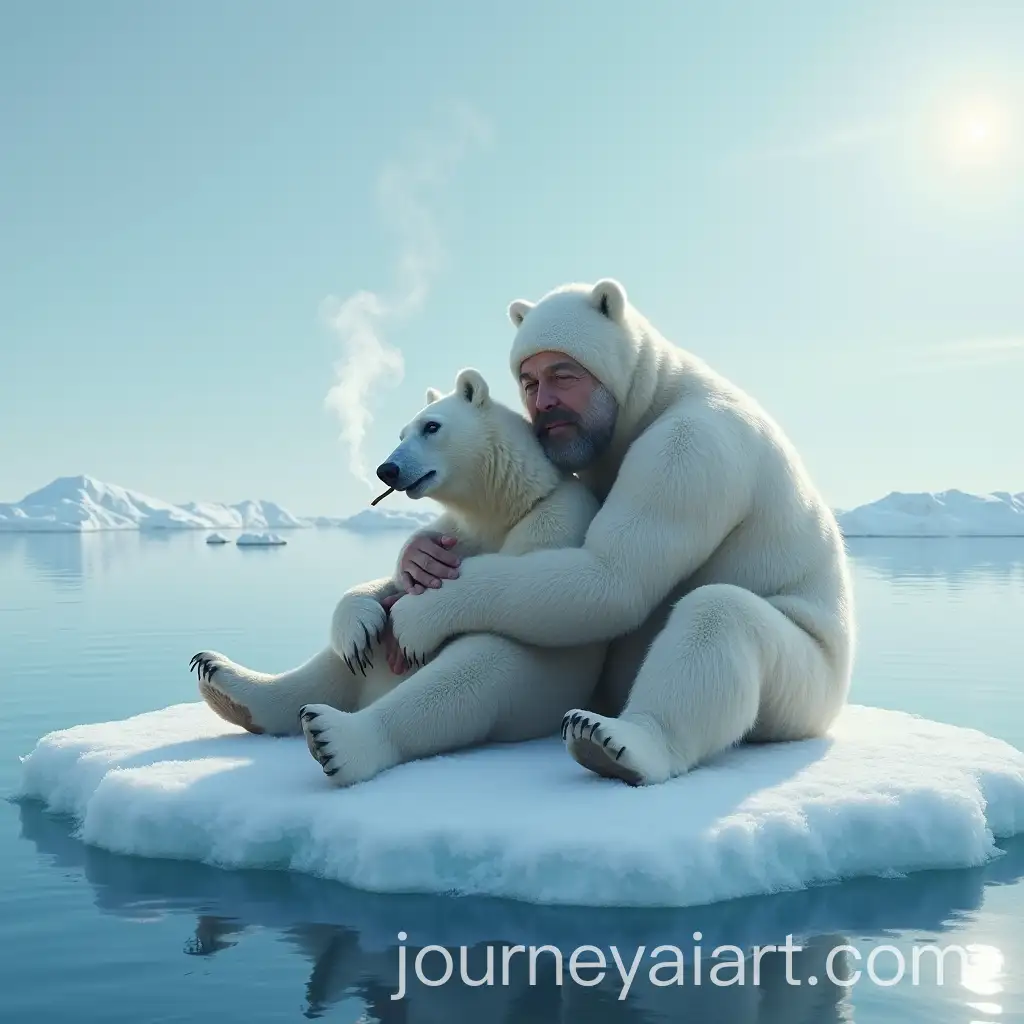 Man-Sitting-on-Ice-Floe-with-Polar-Bear-and-Smoking-Joint