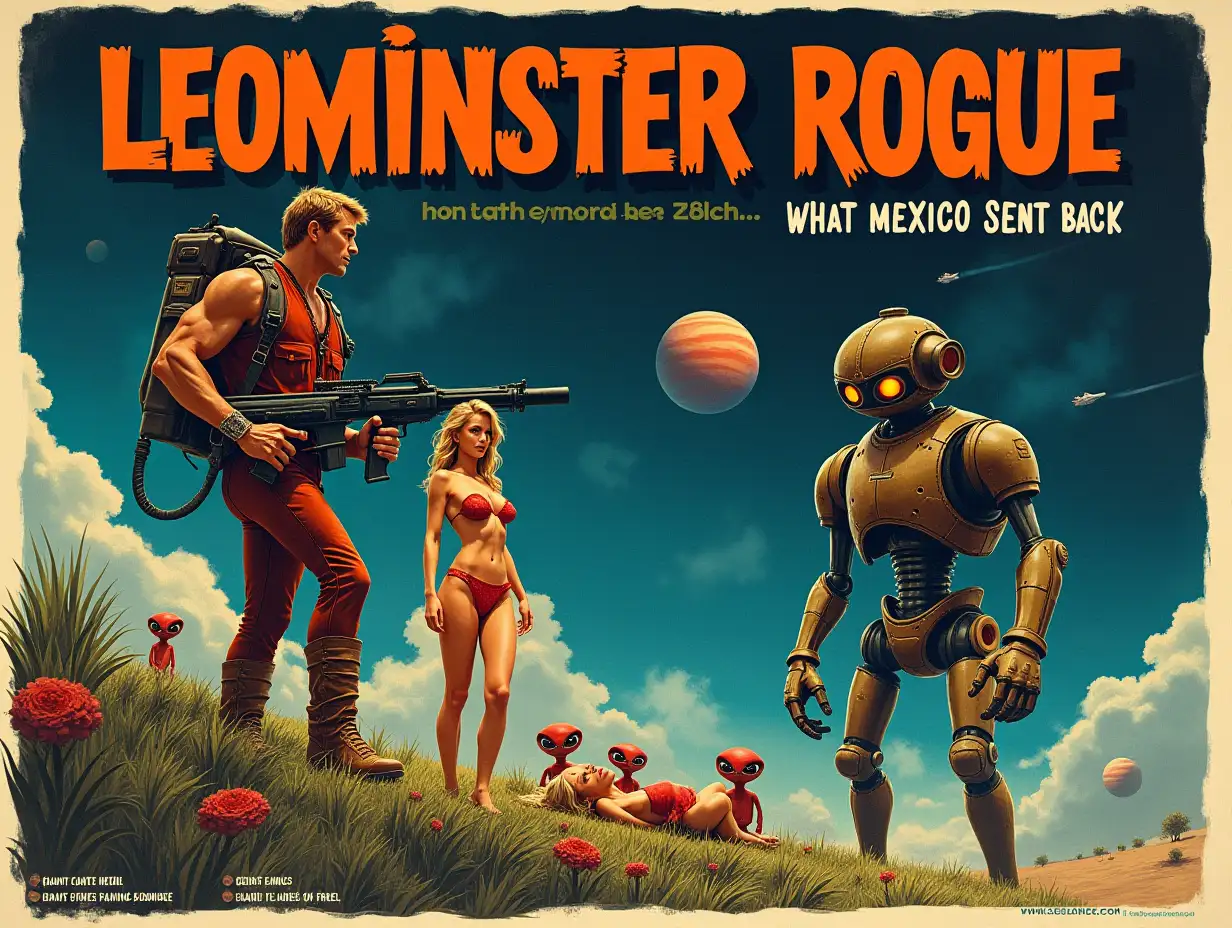 Create a vintage 1970s disaster movie poster titled 'Leominster Rogue'. The design should mimic classic sci-fi aesthetics. Feature a stern-looking action hero carrying a futuristic weapon, a reclining space princess in an electronic bikini, a group of small, friendly looking aliens and a large demonic robot with glowing orange eyes. They are on a verdant planet, against a background of space with planets in the sky. Include the tagline 'What Mexico Sent Back. Display actor names