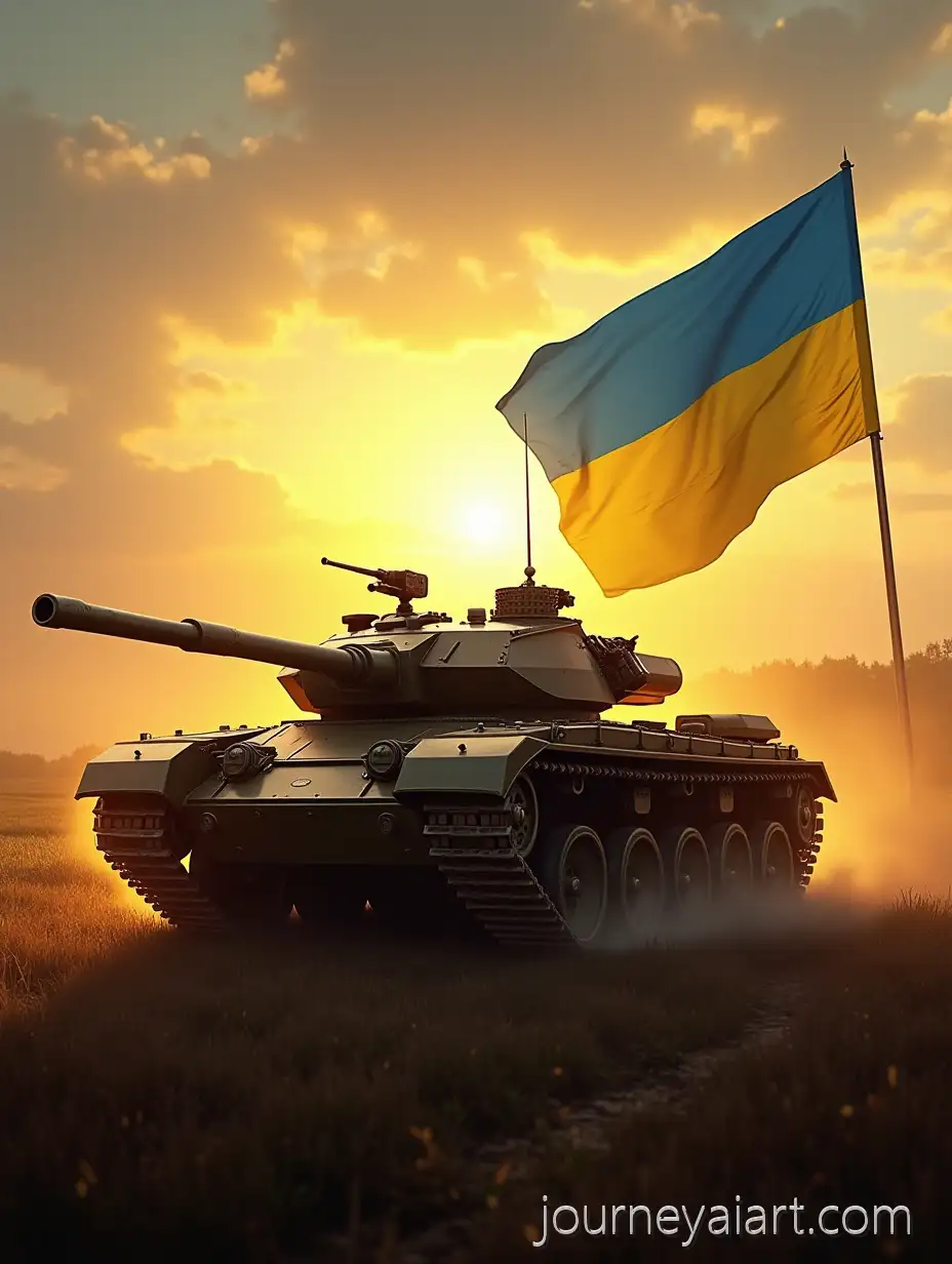 LeopardUkrainian-Tank-at-Dawn-1A4-Tank-in-Ukrainian-Dawn-with-Flag-and-Emblems