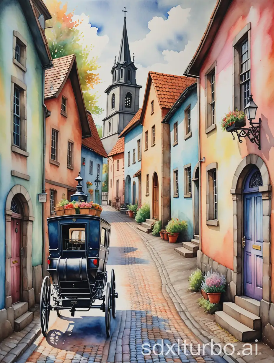 Impasto-Watercolor-Village-Painting-with-HorseDrawn-Carriage-and-OldFashioned-Church