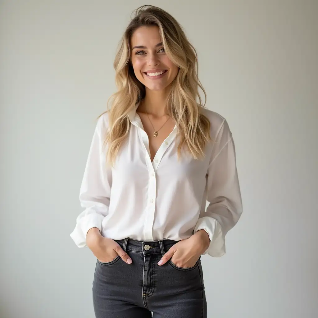 Confident-College-Sweetheart-in-Transparent-White-Blouse-and-Tight-Dark-Jeans