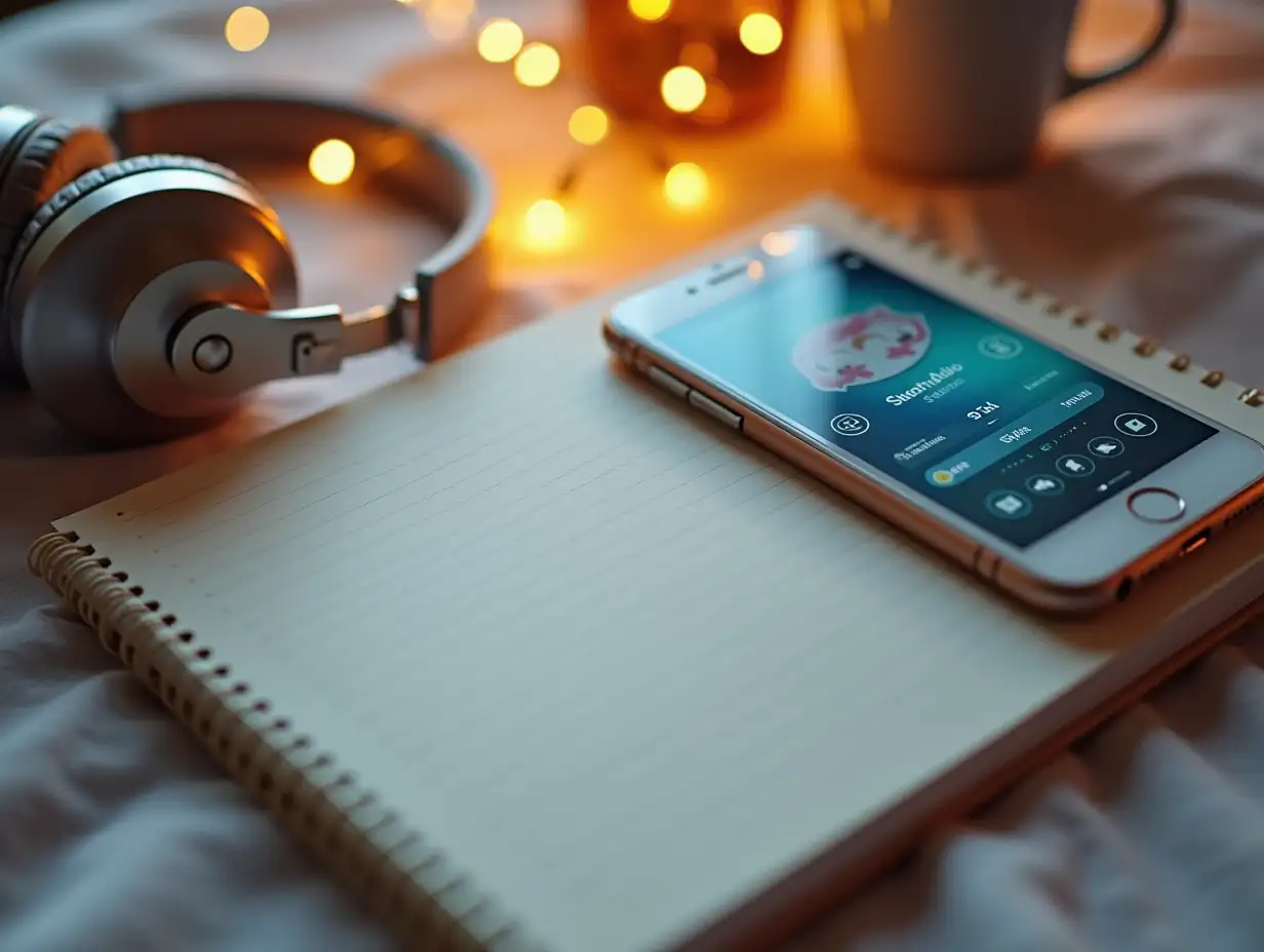 FlatNotebook-headphones-phone-flat-lay-Lay-of-Notebook-Headphones-and-Phone-with-Soothing-Audio-App-and-Golden-Fairy-Lights