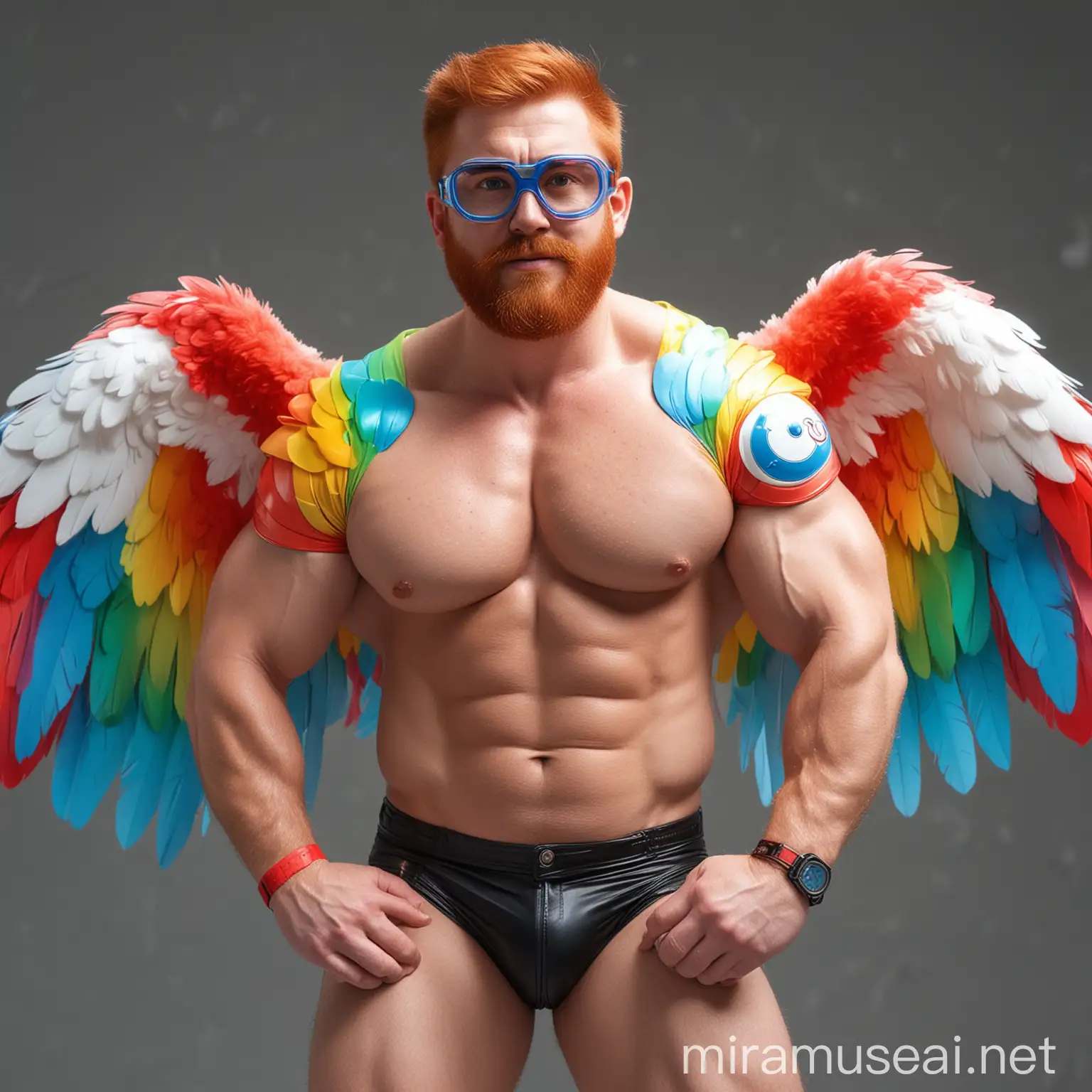 Muscular Bodybuilder Flexing Arm in Rainbow Colored Wings Jacket