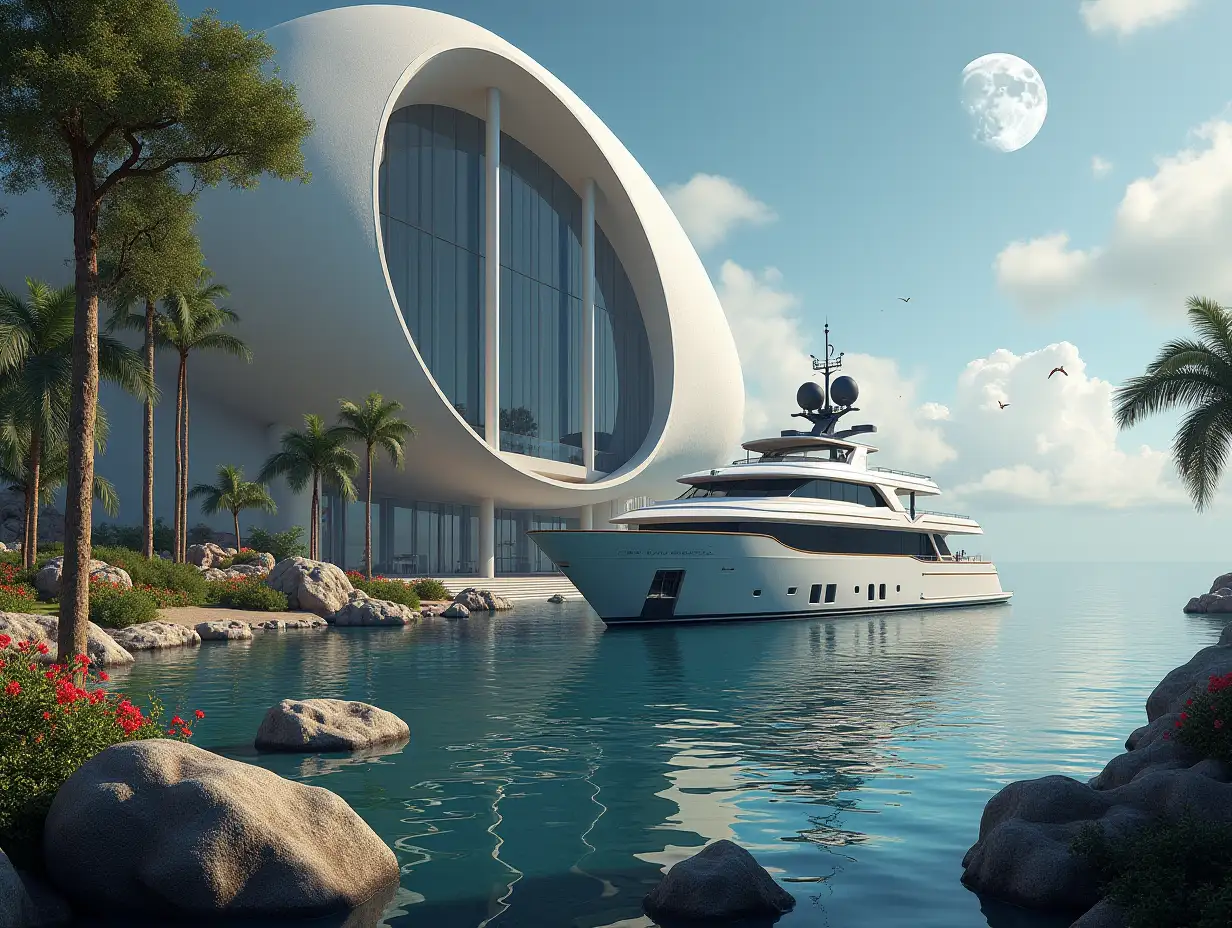 Create a high-resolution realistic image in 4k resolution with a futuristic building having rounded tall pillars, large trees, rocks, flowers within a building featuring a very large yacht with glass windows, cloudy sky with moon