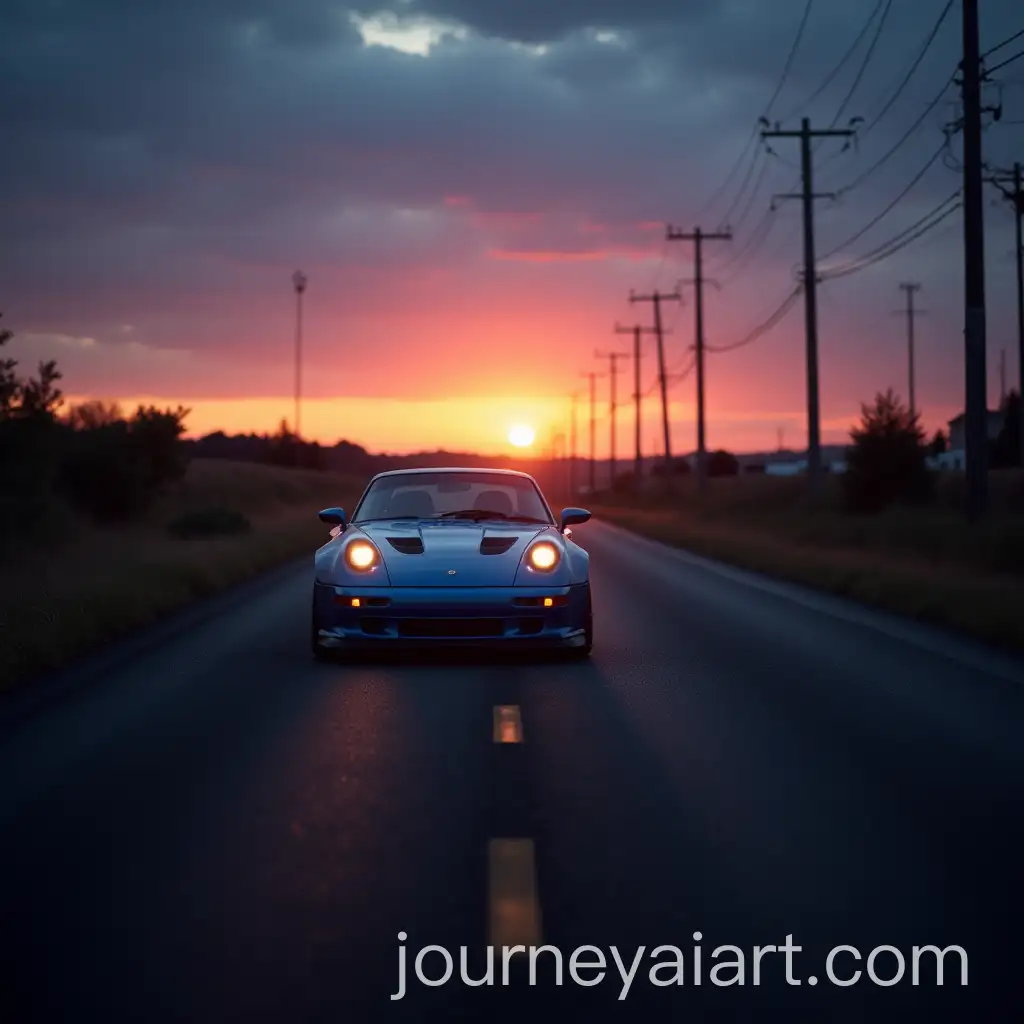 Blue-Car-Driving-on-the-Road-Under-Sunset-Lights