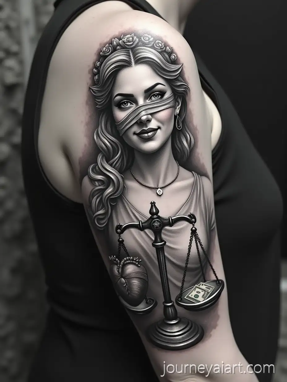 Black-and-White-Lady-Justice-Tattoo-with-Scales-Holding-Heart-and-Money