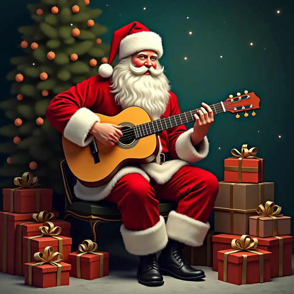 illustration of santa claus sitting among gifts playing classical guitar