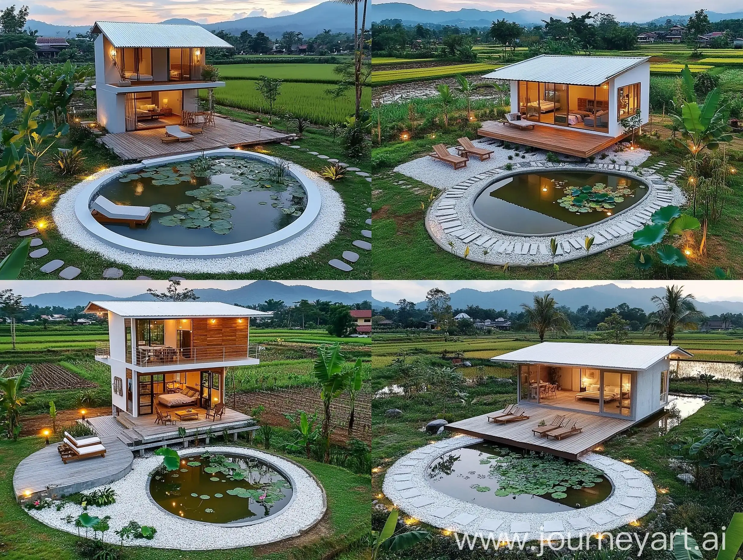 Serene-Evening-Scene-of-Modern-House-with-Lotus-Pond-and-Mountain-View