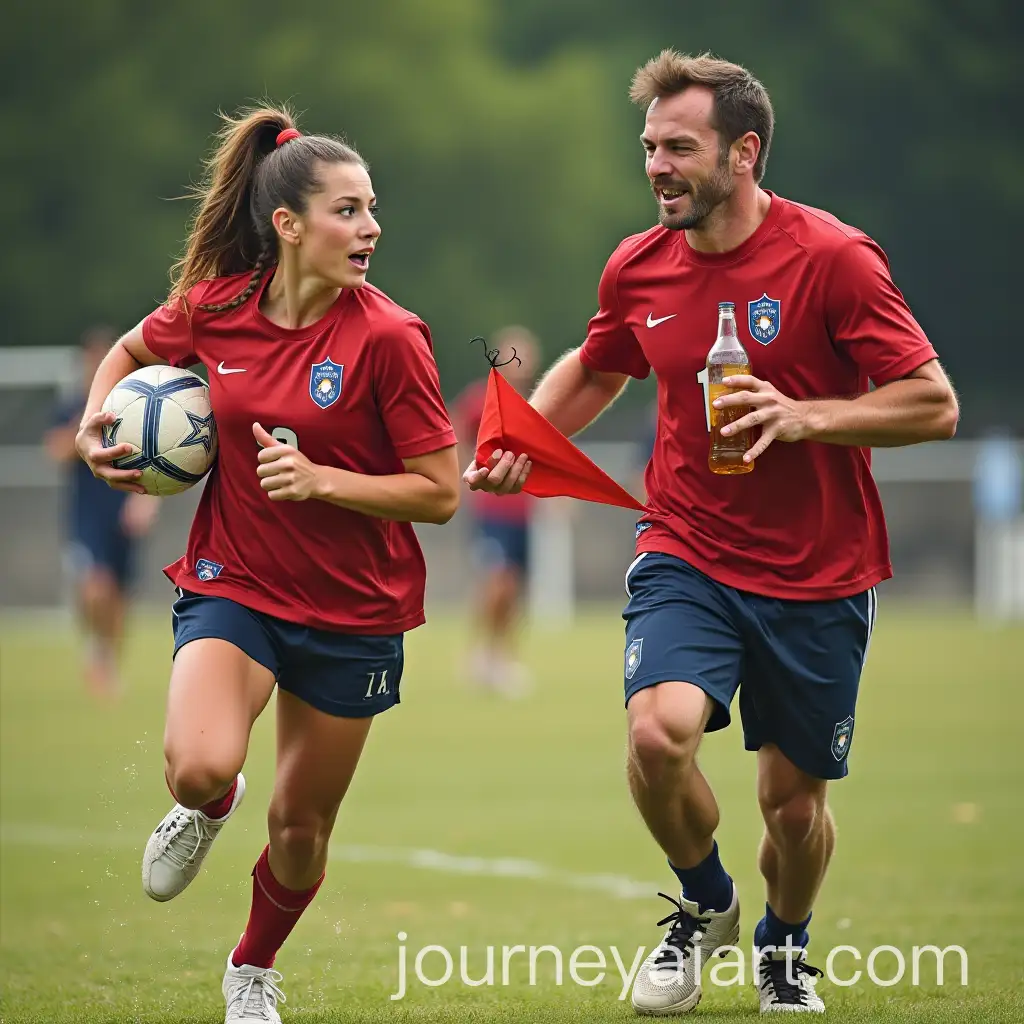 AI-Art-Prompt-ExpansionFemale-Flag-Football-Player-Jogging-with-Ball-While-Drunk-Male-Opponent-Pulls-Flag