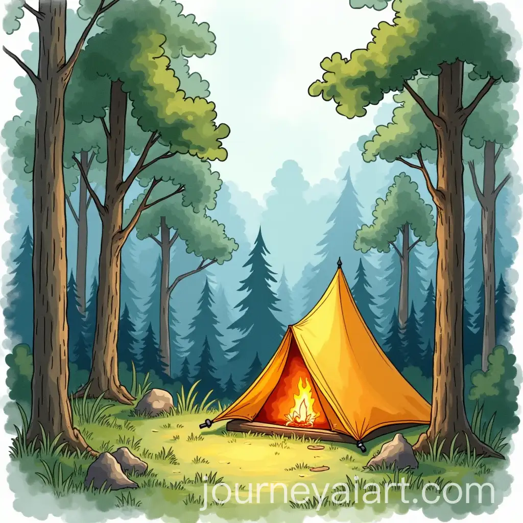 Cartoon-Style-Forest-Camping-Scene-with-Tent-in-Watercolor
