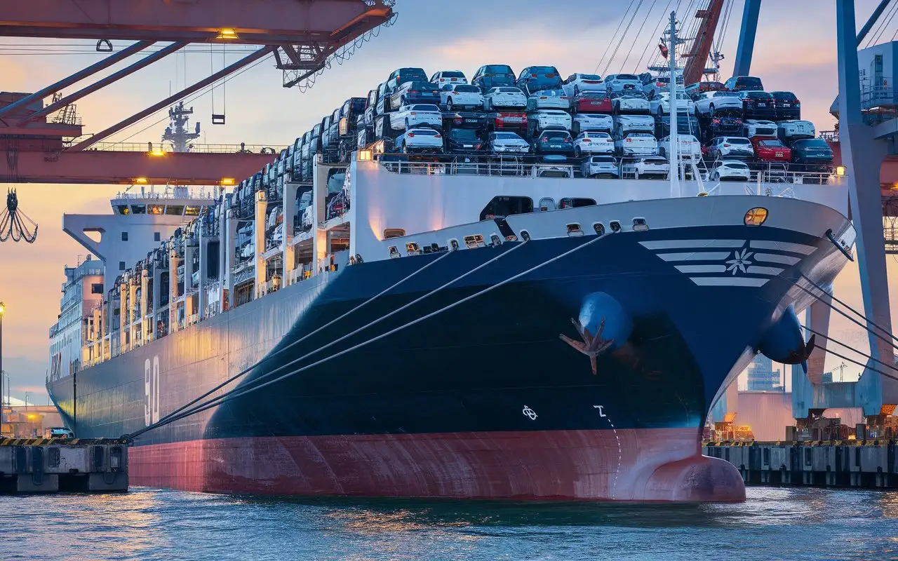 Stunning Evening Scene Large Ship Carrying Cars in Port