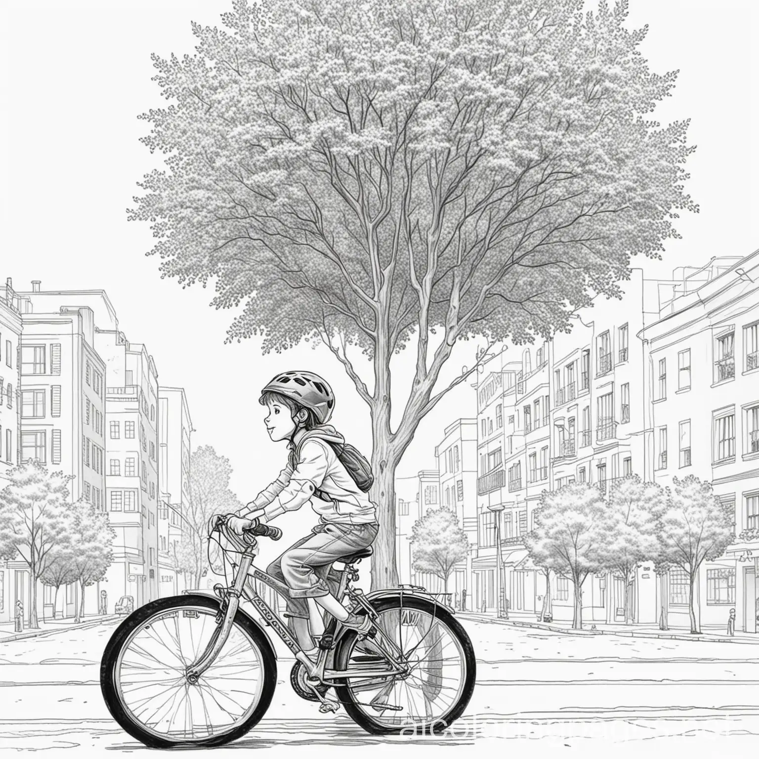 City-Boy-Riding-Bike-with-Tree-Coloring-Page