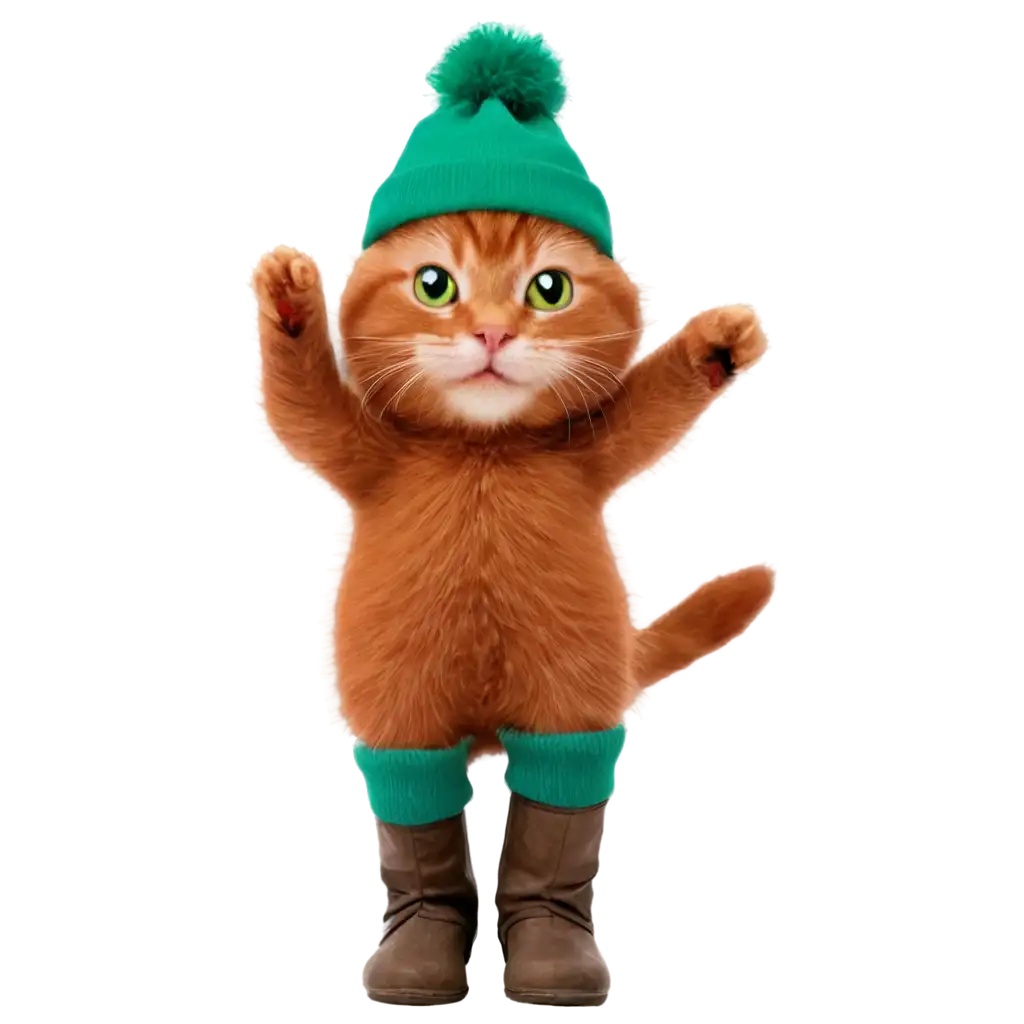 Vibrant-Red-Cat-in-Green-Hat-and-Boots-PNG-Image