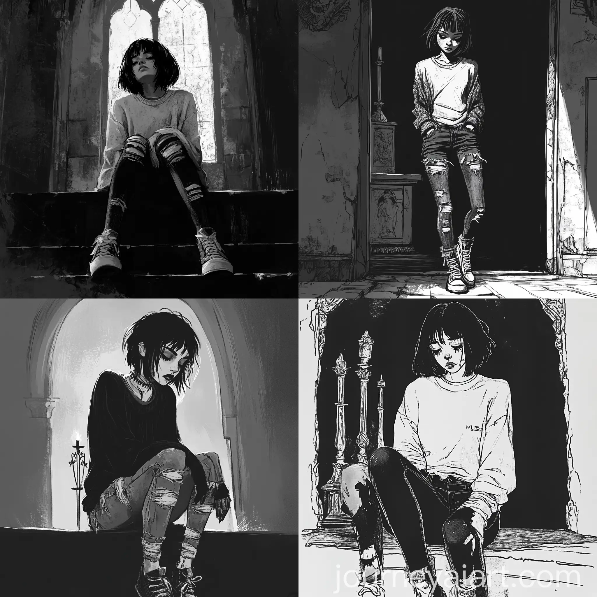 Creepy-Girl-in-Altar-Setting-Digital-Sketch-of-ShortHaired-Girl-in-Ripped-Jeans-and-Converse