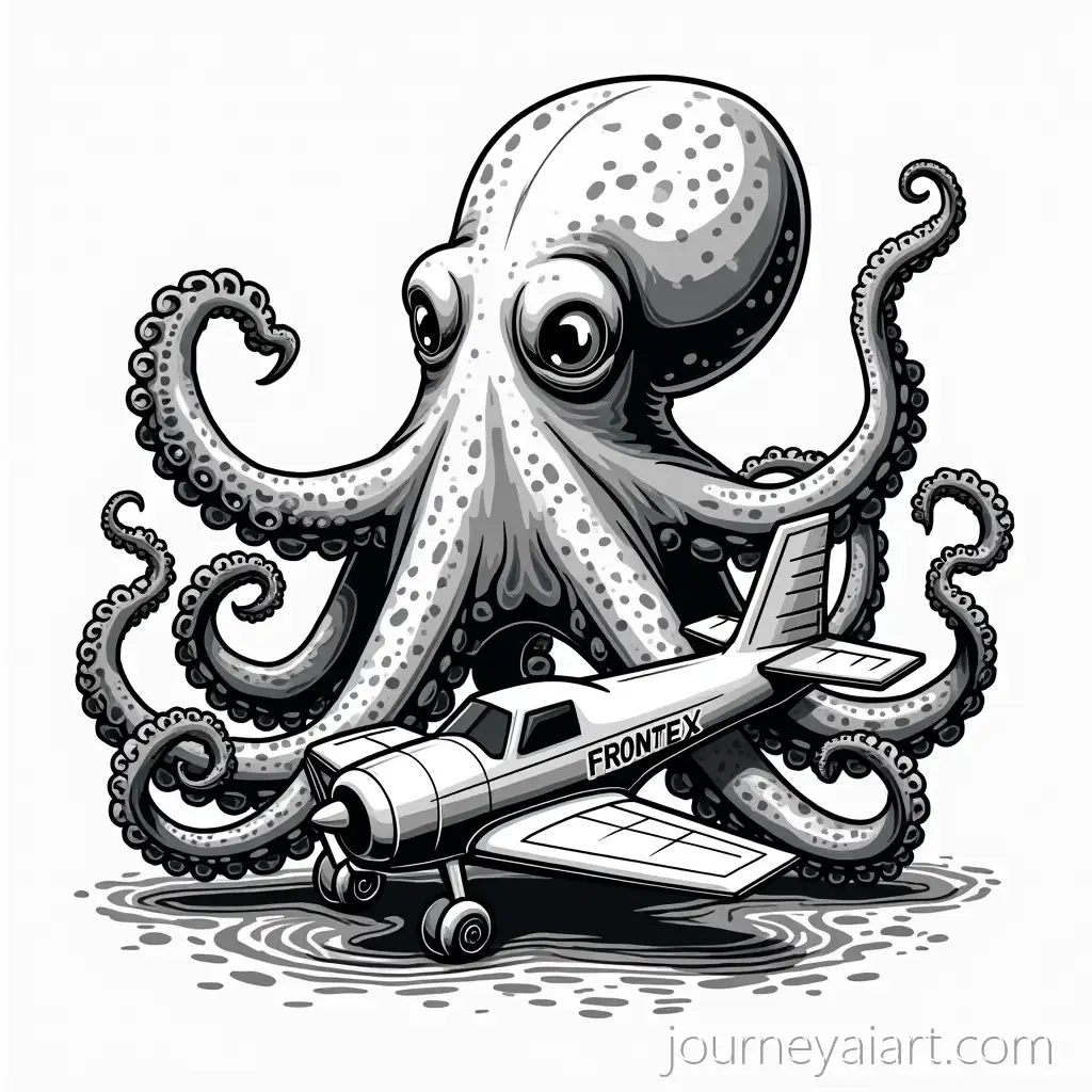 Black-and-White-Octopus-Crushing-Airplane-with-Tentacle-andAI-Image-Prompt-Expansion-FRONTEX-Text