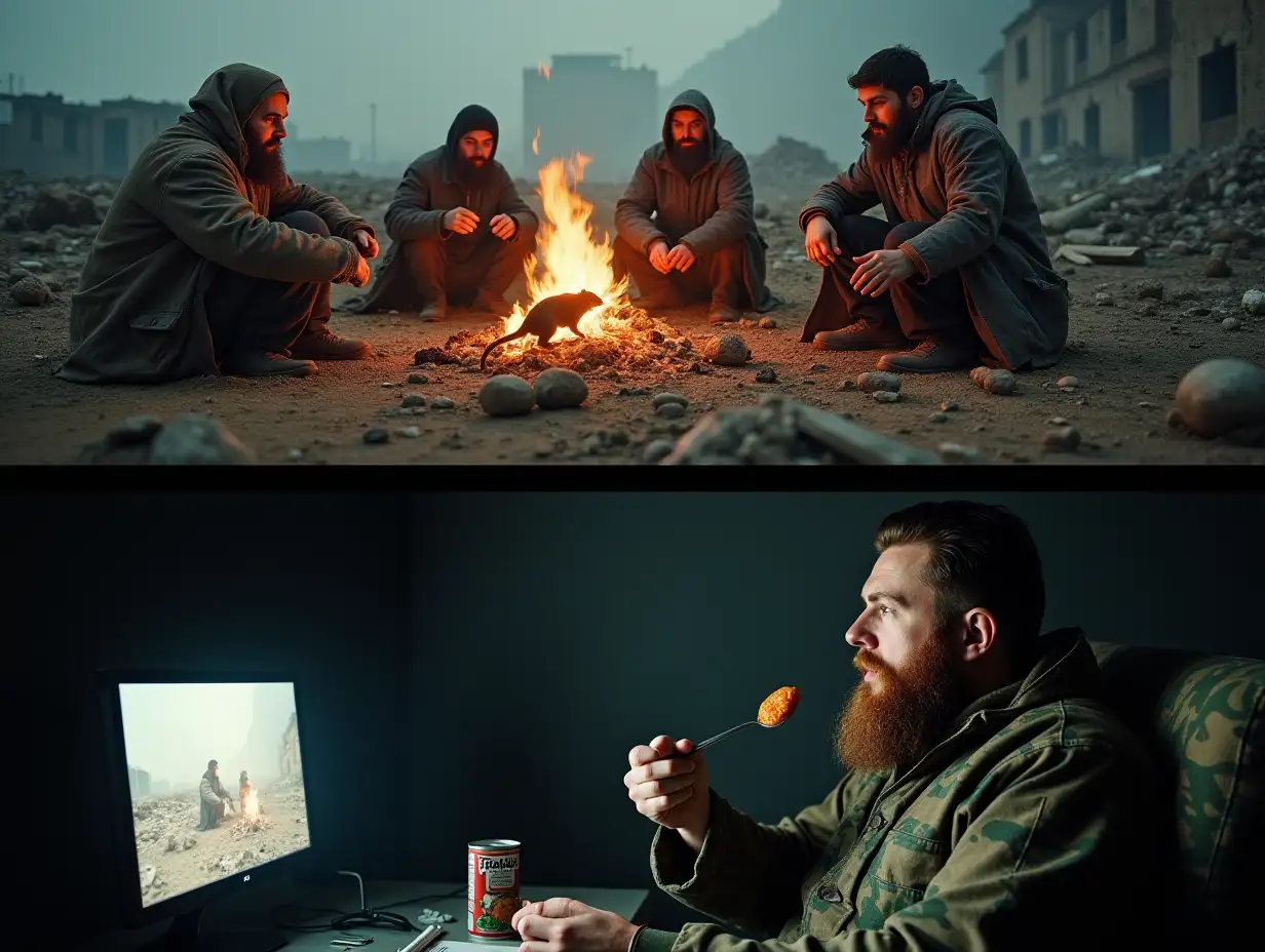 user_prompt: The image is divided into two horizontal parts. At the top, on the ground among ruins, a group of vagrants, consisting of three men in rags, roasts a rat over a fire. Below, from the bunker, a bearded man in camouflage sits on a couch, watches this scene with interest on the monitor screen, eating canned stew with a spoon.