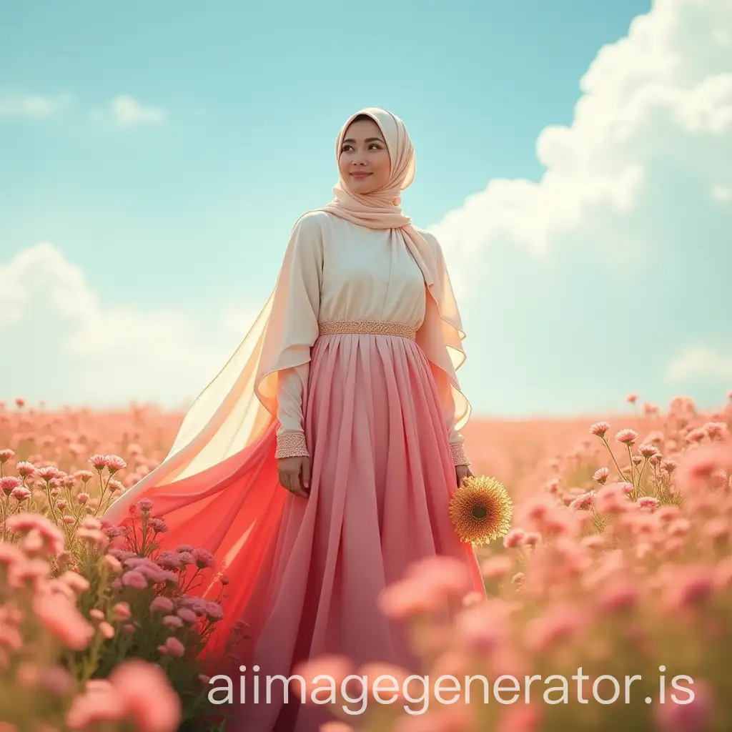 Elegant-Hijab-Woman-in-Flowing-Gown-Amidst-Blooming-Flowers-with-Golden-Flower