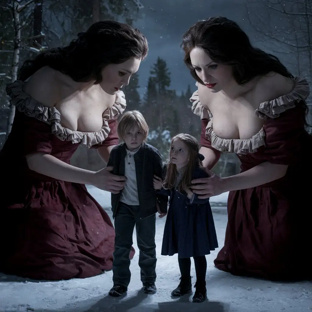 Cinematic-Scene-of-Giant-Women-Capturing-Siblings-in-a-Dark-Setting