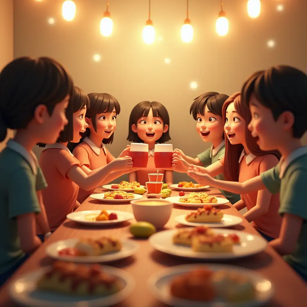 scenes of high school students in the same class having a party on Tet day, everyone is happy, eating, toasting together. The scene is created from 3D and animated characters