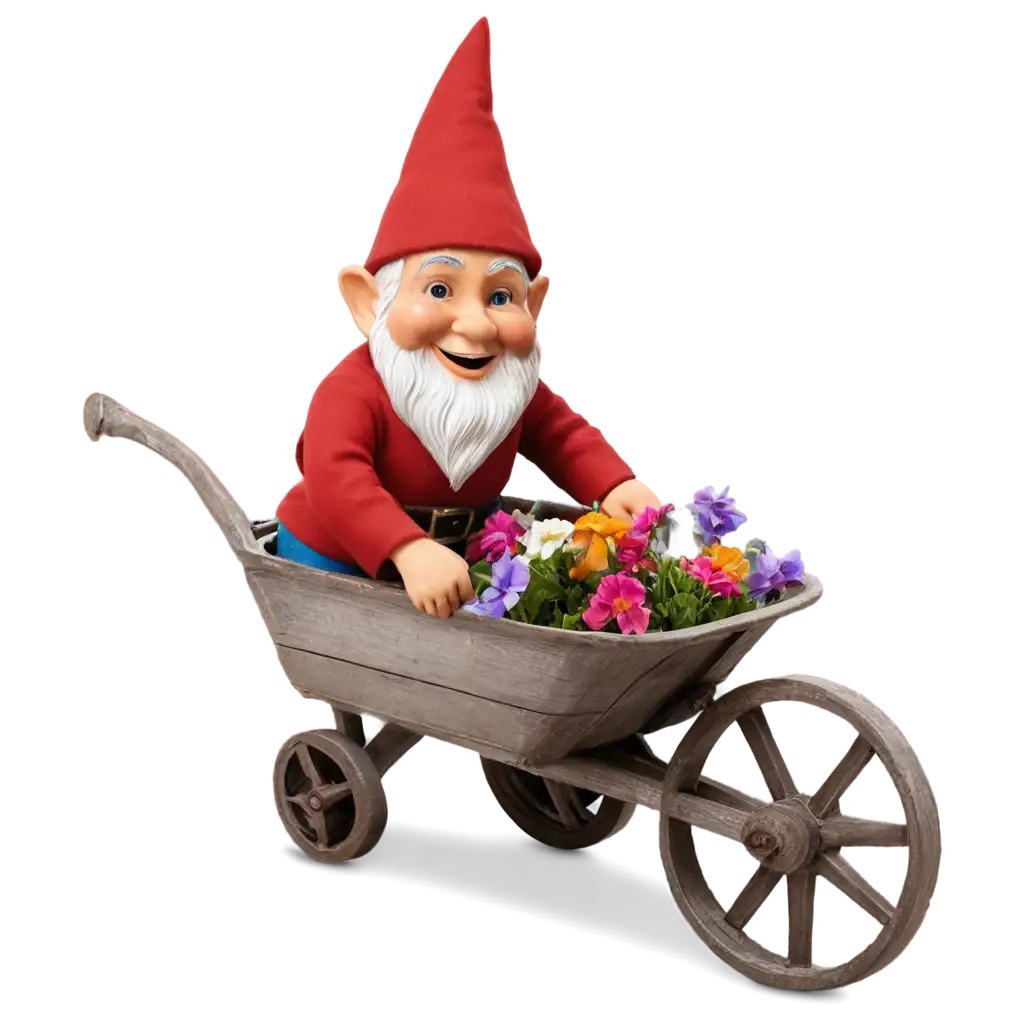 cute gnome in a wheel barrow full of flowers