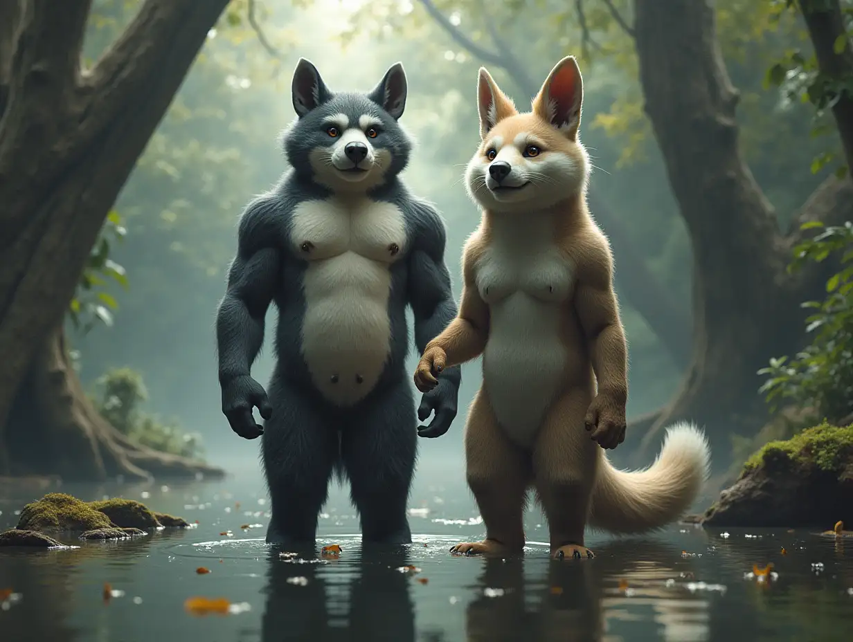 A very detailed photo. A full body representation of an Animal-Hybrid bodybuilder with  and CHINCHILLA  and  CHINCHILLA at a lake with  very large trees