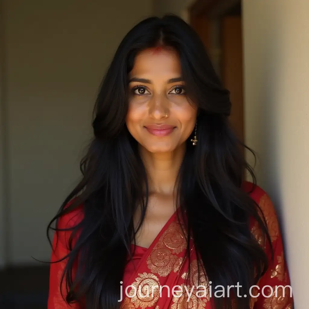 Portrait-of-Indian-Housewife-in-Saree-with-Long-Black-Hair-No-Jewelry