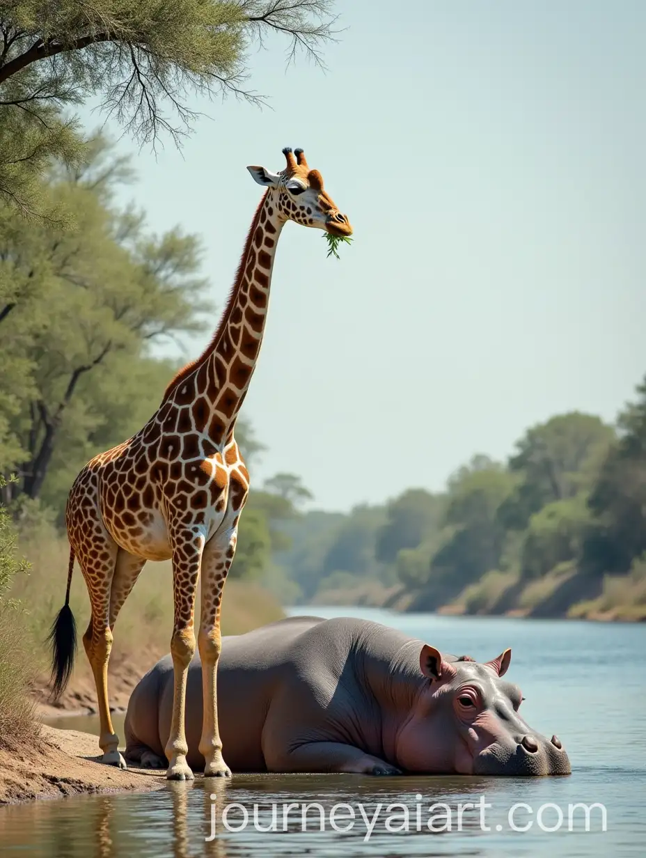 Giraffe-and-Hippopotamus-Coexisting-Peacefully-at-Riverbank