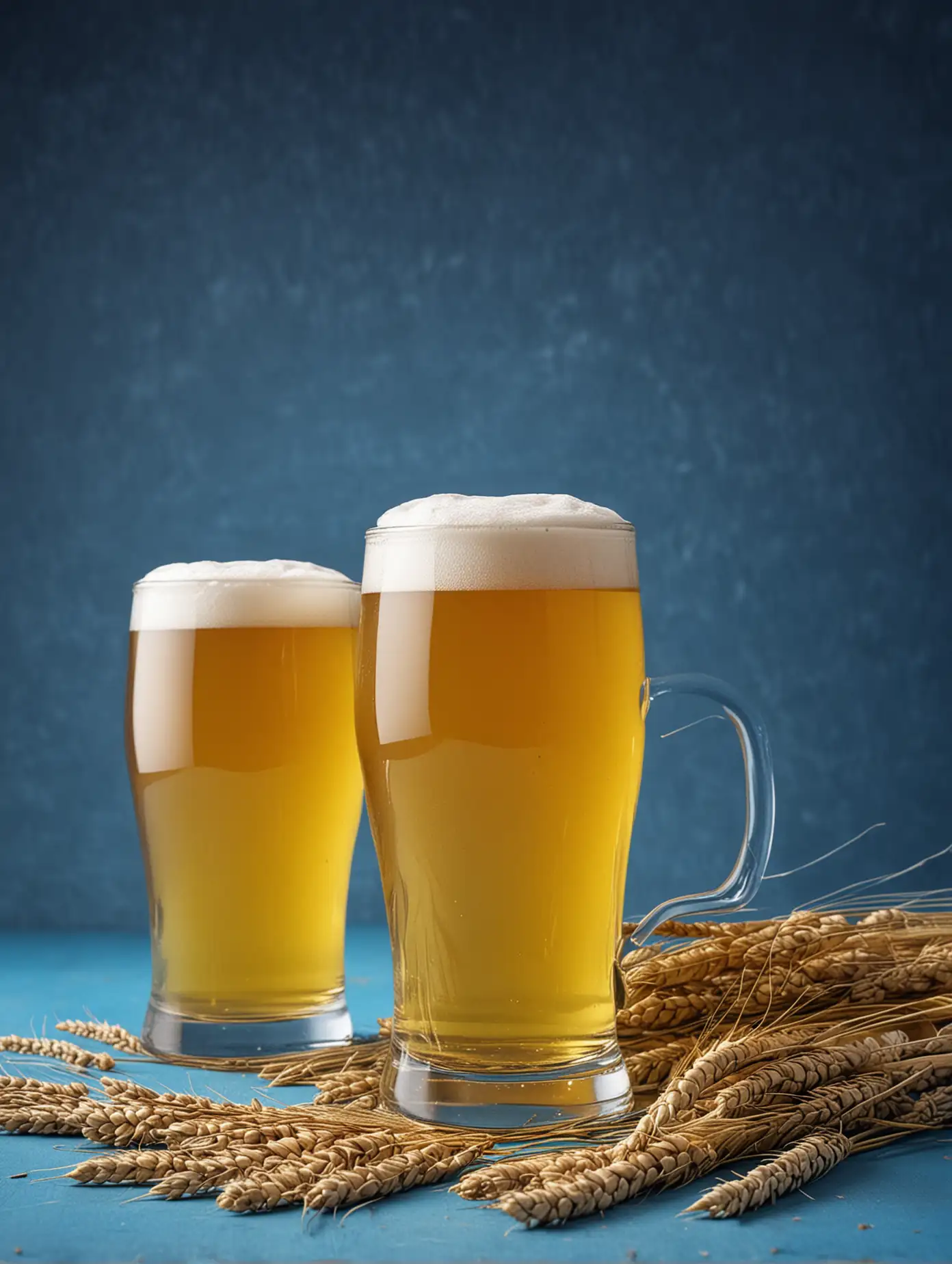 Two Glasses of Golden Beer on Blue Background with Wheat