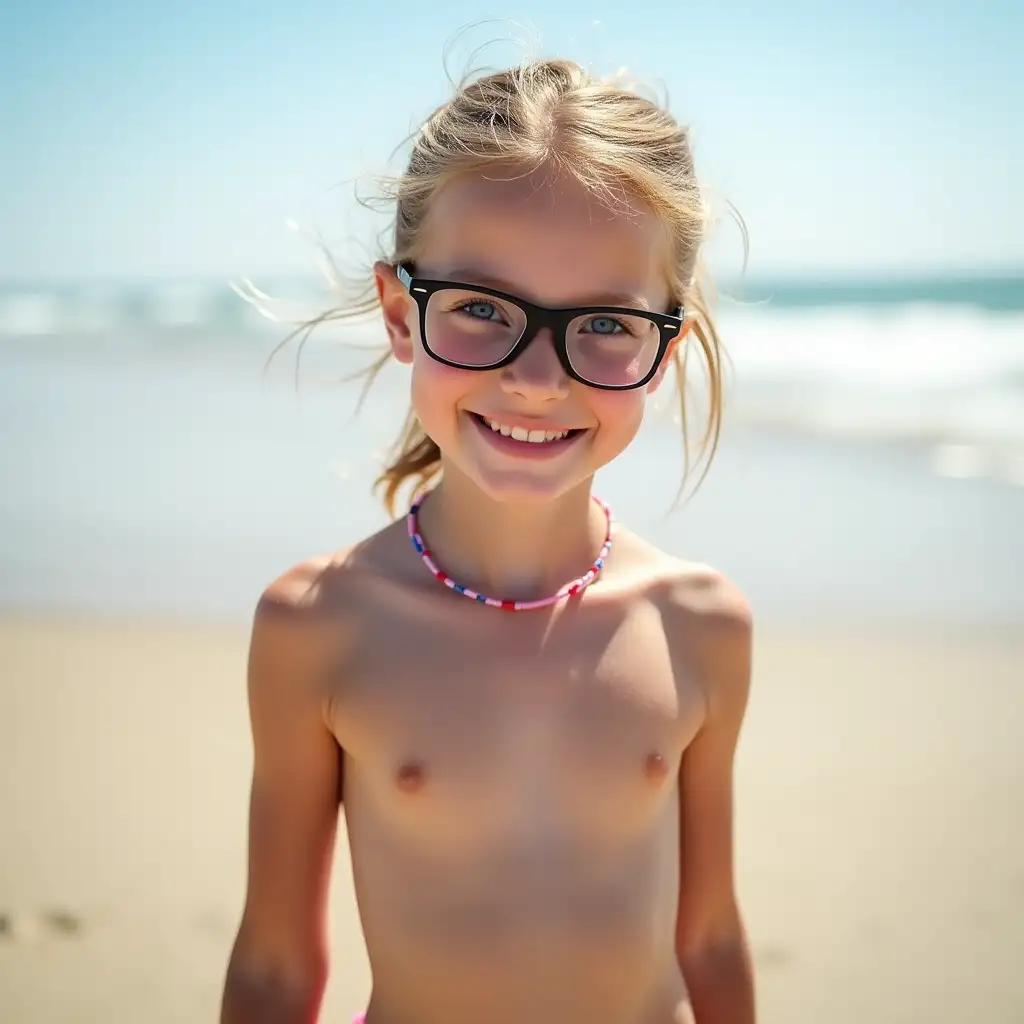 Smiling-11YearOld-Girl-with-Blue-Eyes-and-Glasses-on-Beach-in-Pink-Necklace-and-Footlace