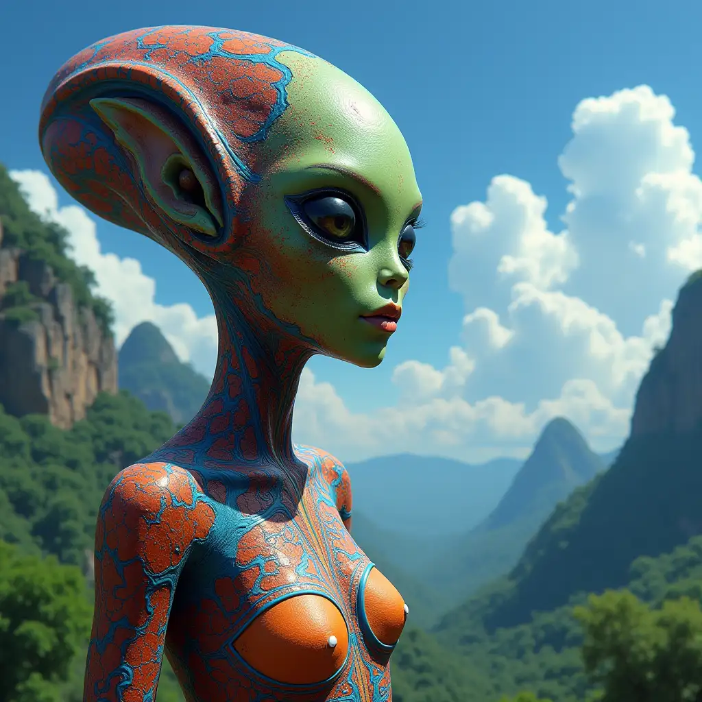 Alien woman colorful skin on a planet with rainforest,see blue sky clouds family ufos